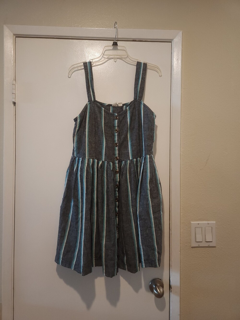 Striped Button-Front Womens Sundress in Gray and Teal